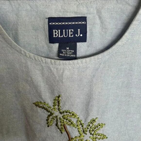 Vintage Embroidered Tropical Palm Short Sleeve Denim Blue J. Shift Dress Size M - Picture 5 of 12
